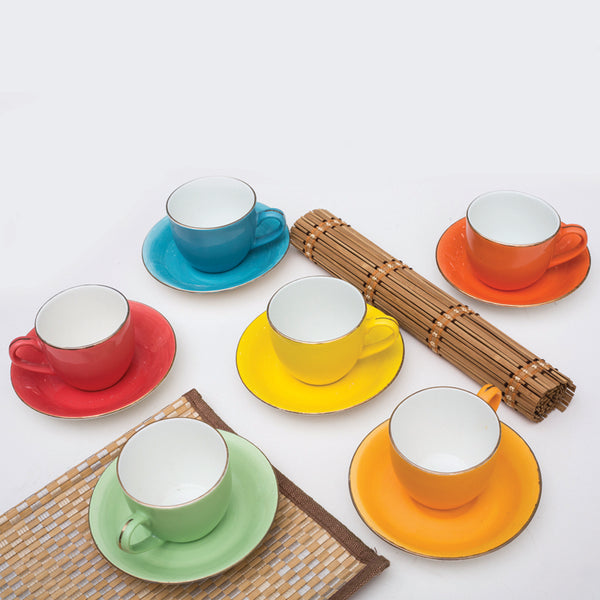 Tea Cup & Saucer - Eros Chroma Multicolor Cup (100 ML) - Twelve Piece Set