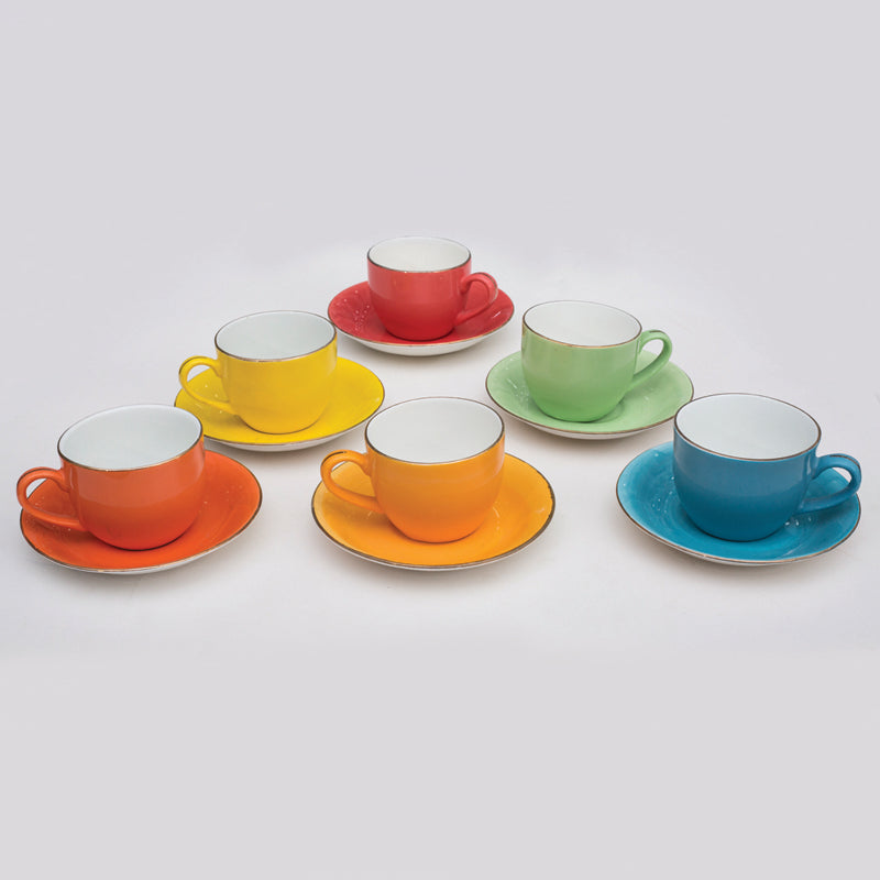 Tea Cup & Saucer - Eros Chroma Multicolor Cup (100 ML) - Twelve Piece Set