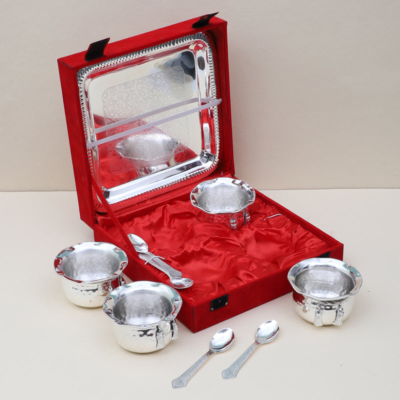 Bowl - Karuna Silver Bowl With Spoon & Tray (200 ML) - Set Of Nine