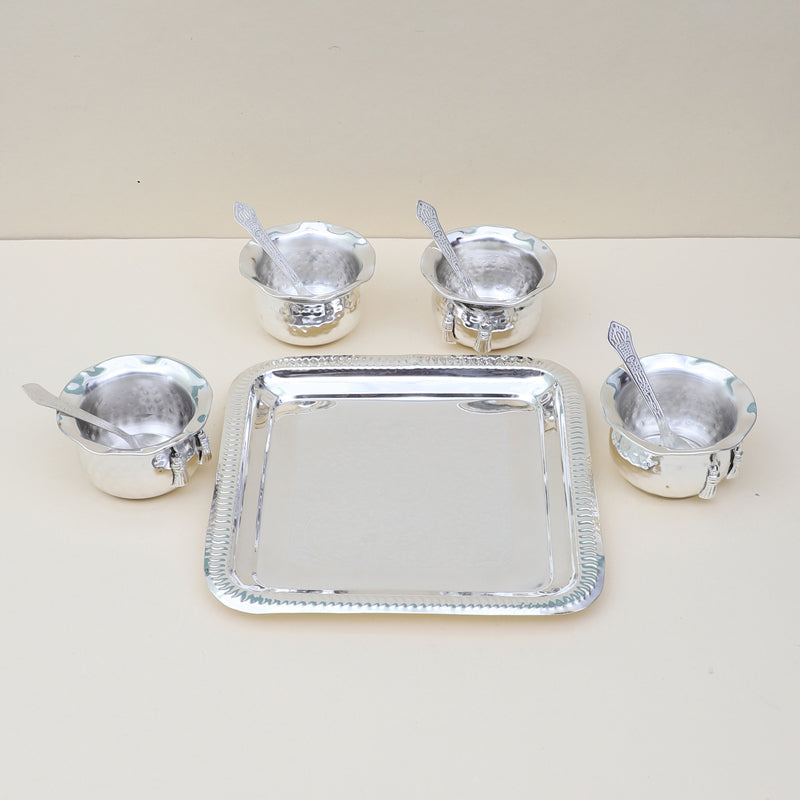 Bowl - Karuna Silver Bowl With Spoon & Tray (200 ML) - Set Of Nine