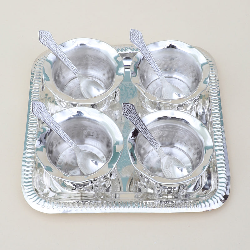 Bowl - Karuna Silver Bowl With Spoon & Tray (200 ML) - Set Of Nine