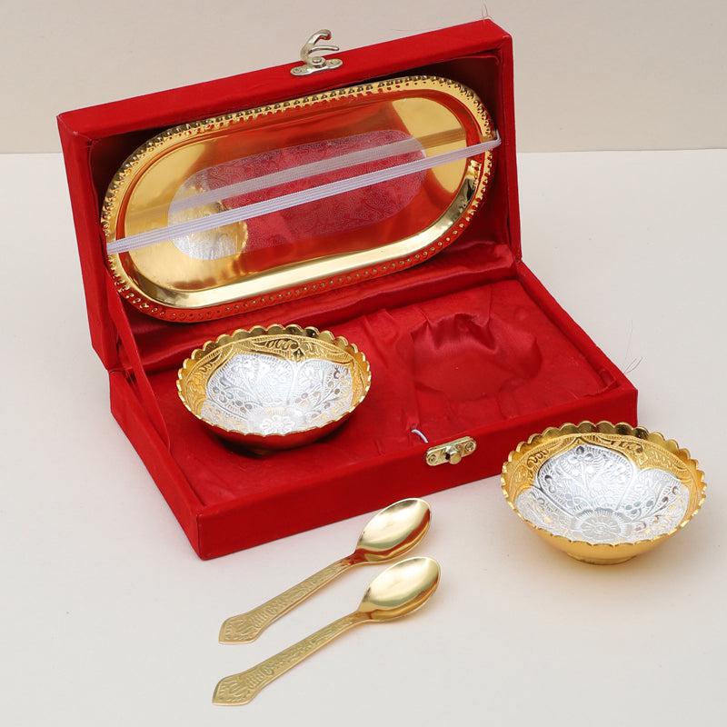 Buy Kumudini Light Gold Bowl With Spoon & Tray (100 ML) - Set Of Five Bowl from Vaaree