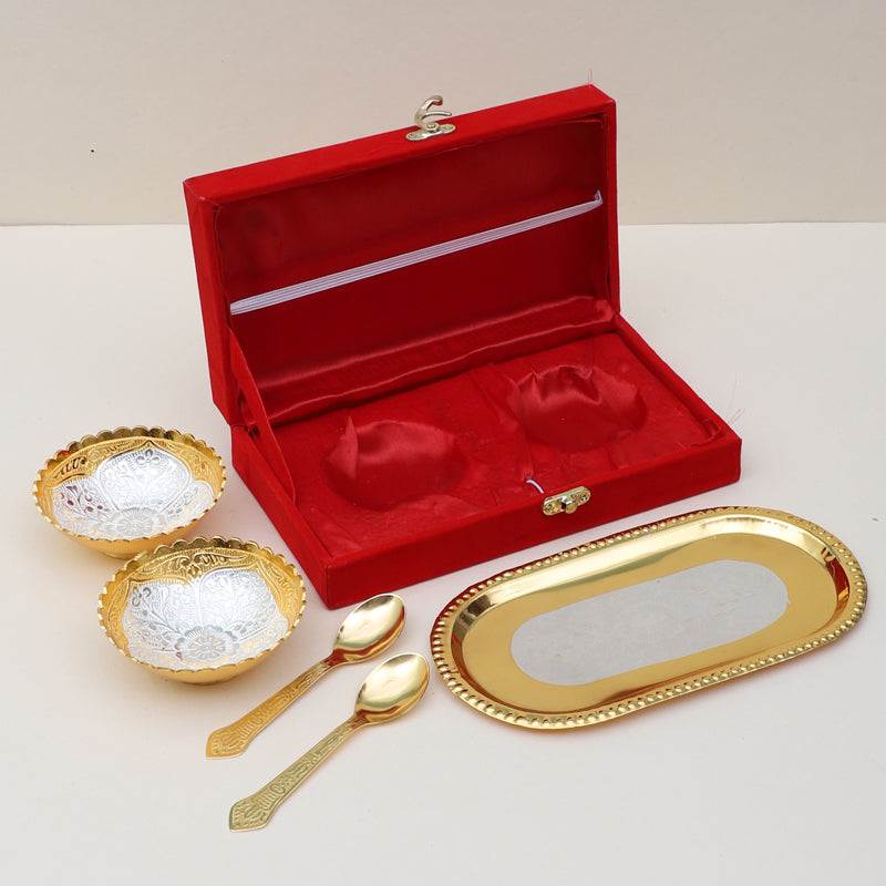 Buy Kumudini Light Gold Bowl With Spoon & Tray (100 ML) - Set Of Five Bowl from Vaaree