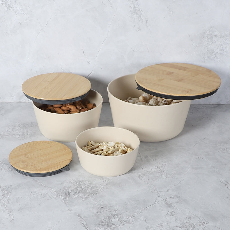 Buy Raine Serving Bowl With Lid (Beige) - Set Of Three Bowl from Vaaree