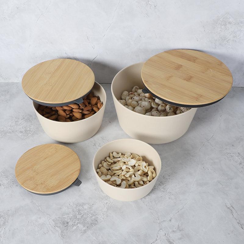 Buy Raine Serving Bowl With Lid (Beige) - Set Of Three Bowl from Vaaree