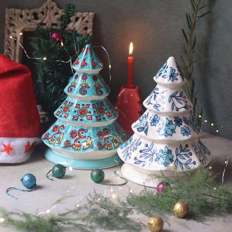 Buy Decorative Christmas Tree Showpiece (White & Teal) - Set Of Two Showpieces from Vaaree