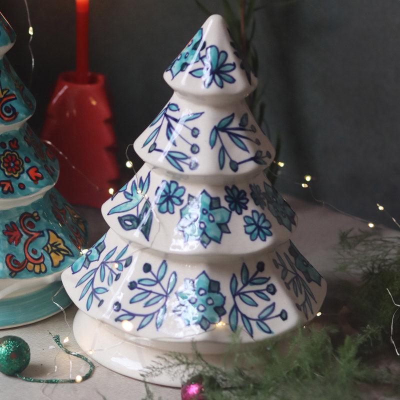 Buy Decorative Christmas Tree Showpiece (White & Teal) - Set Of Two Showpieces from Vaaree