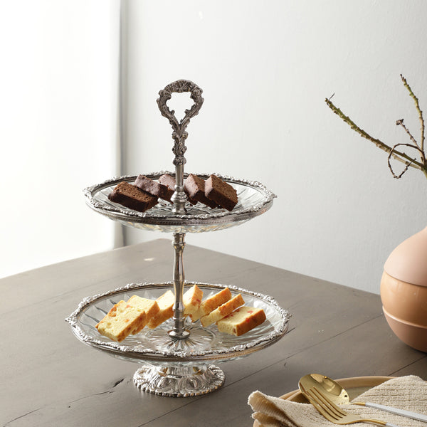 Cake Stand - Crystal Charm Double Tier Cake Stand - Silver