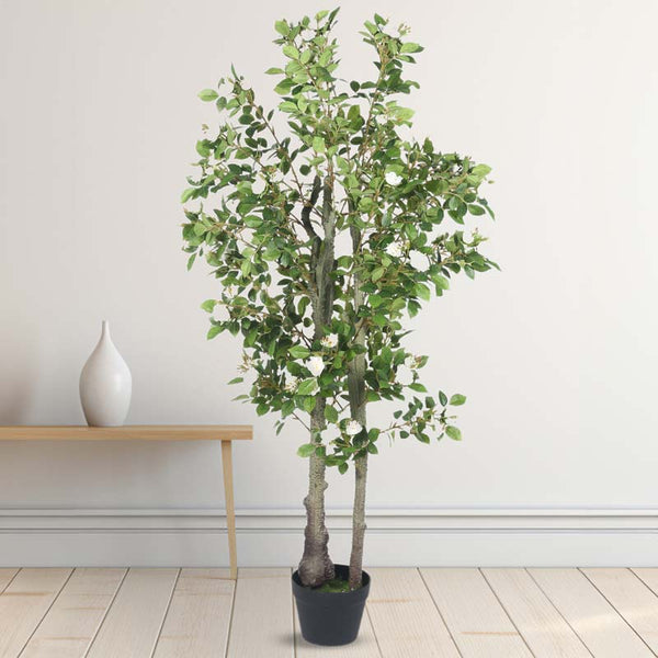 Buy Faux Lush Mini Camellia Plant With Pot (White) - 4.3 Feet Artificial Plants from Vaaree