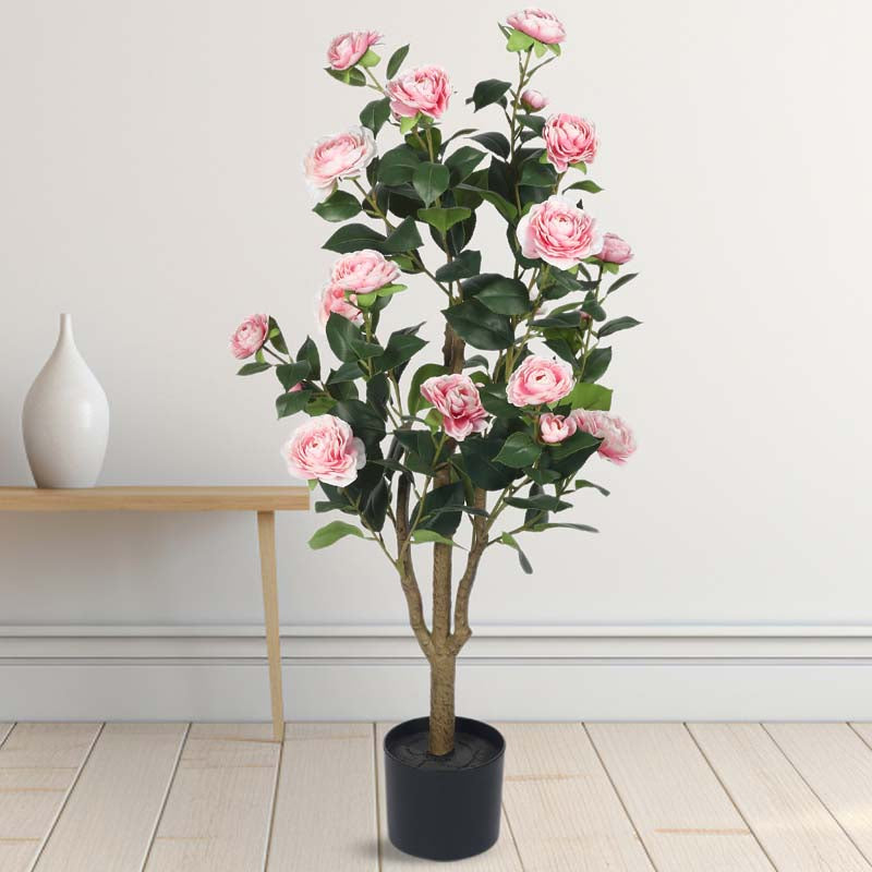 Buy Faux Lush Mini Camellia Plant With Pot - Pink - 3.1 Feet Artificial Plants from Vaaree