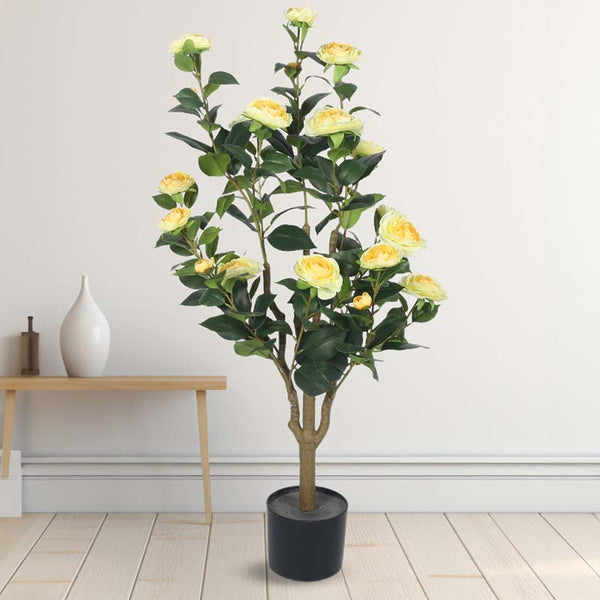 Buy Faux Lush Mini Camellia Plant With Pot - Yellow - 3.1 Feet Artificial Plants from Vaaree