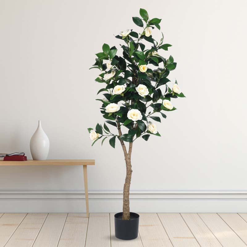 Buy Faux Lush Mini Camellia Plant With Pot - White - 5 Feet Artificial Plants from Vaaree