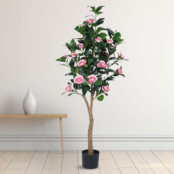 Buy Faux Lush Mini Camellia Plant With Pot - Pink - 5 Feet Artificial Plants from Vaaree