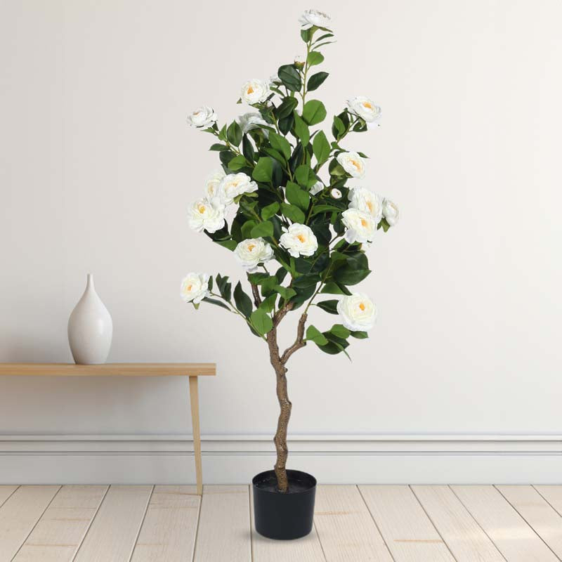 Buy Faux Lush Mini Camellia Plant With Pot - White - 4 Feet Artificial Plants from Vaaree