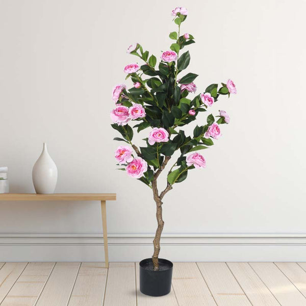 Buy Faux Lush Mini Camellia Plant With Pot - Pink - 4 Feet Artificial Plants from Vaaree