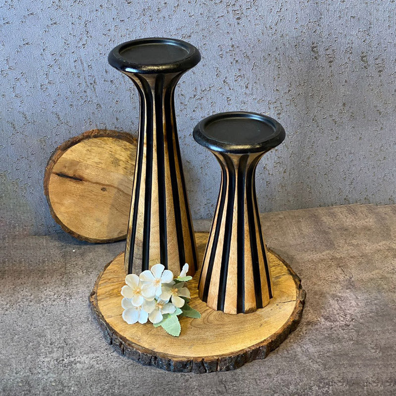 Buy Ember Chromo Mangowood Candle Holder - Black & Cream Candle Holders from Vaaree