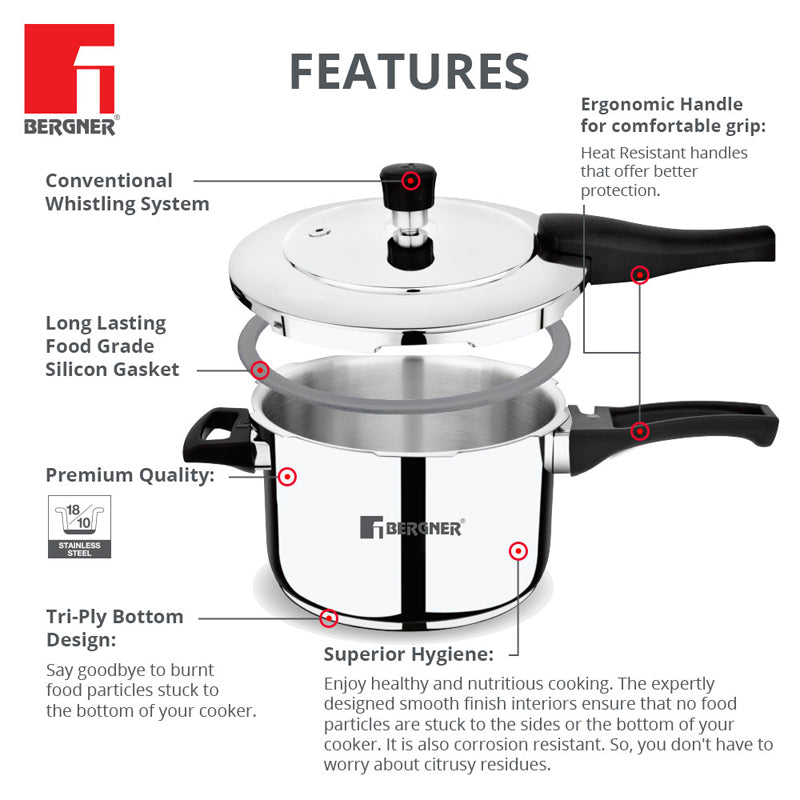 Buy Bergner Induction Safe Pressure Cooker - 2000 ml/16 Inches Pressure Cooker from Vaaree