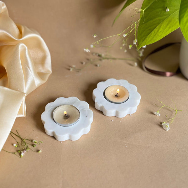 Buy Eudora Bloom Flora Handcrafted Marble Tealight Candle Holder - Set Of Two Candle Holders from Vaaree