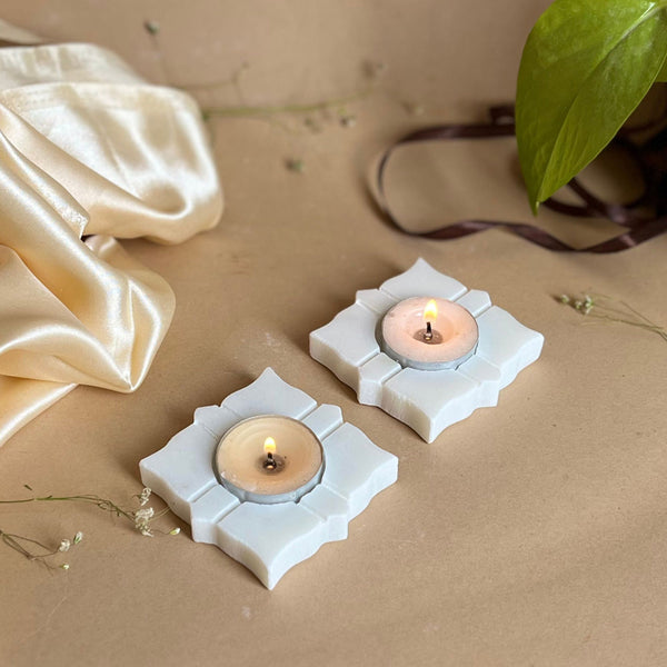 Buy Eudora Leaf Handcrafted Marble Tealight Candle Holder - Set Of Two Candle Holders from Vaaree