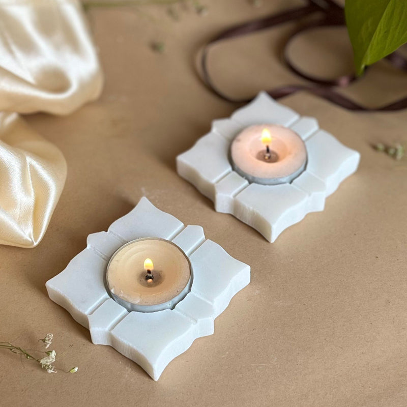 Buy Eudora Leaf Handcrafted Marble Tealight Candle Holder - Set Of Two Candle Holders from Vaaree