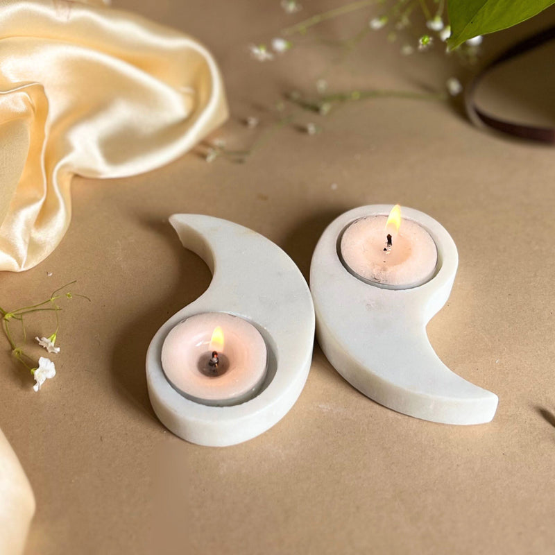 Buy Eudora Ying Yang Handcrafted Marble Tealight Candle Holder - Set Of Two Candle Holders from Vaaree