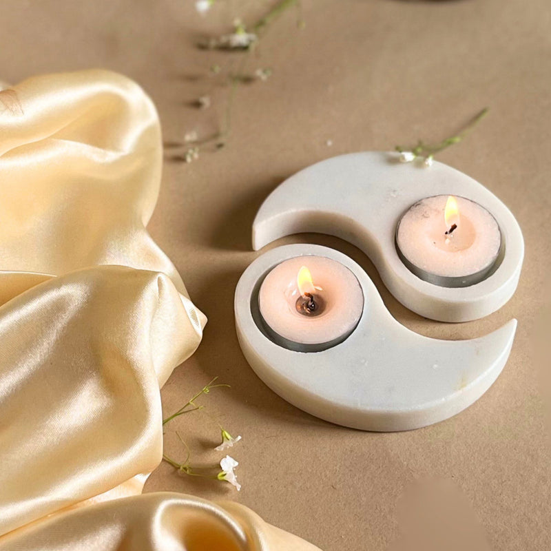 Buy Eudora Ying Yang Handcrafted Marble Tealight Candle Holder - Set Of Two Candle Holders from Vaaree