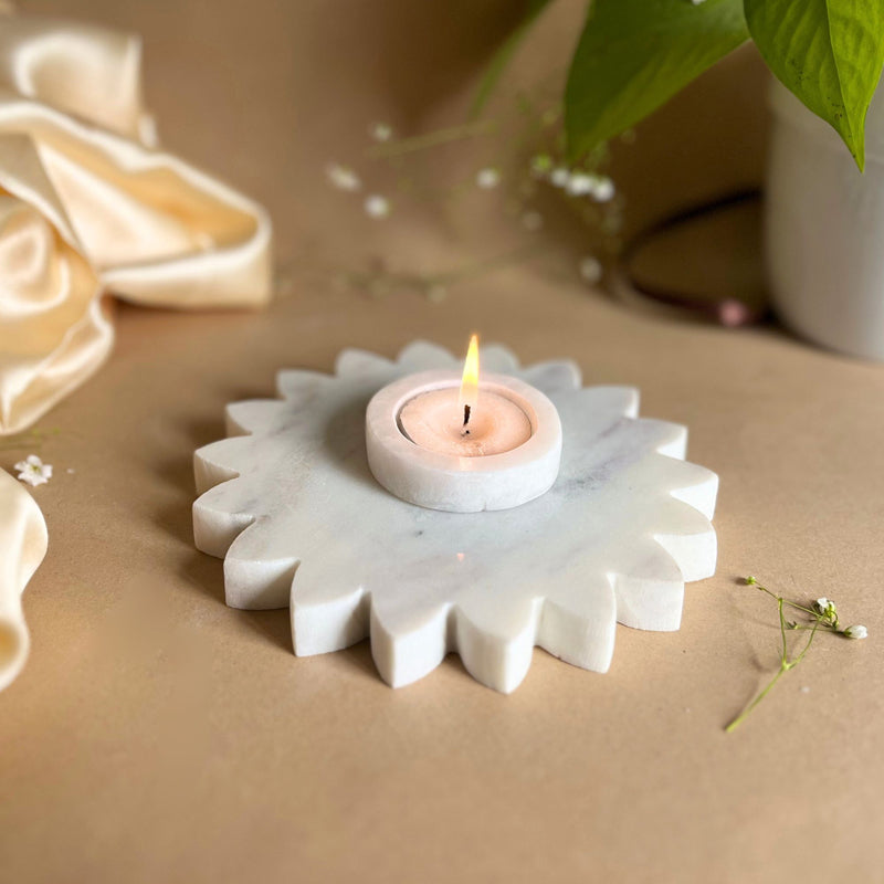 Buy Eudora SunflowerHandcrafted Marble Tealight Candle Holder - Set Of Two Candle Holders from Vaaree