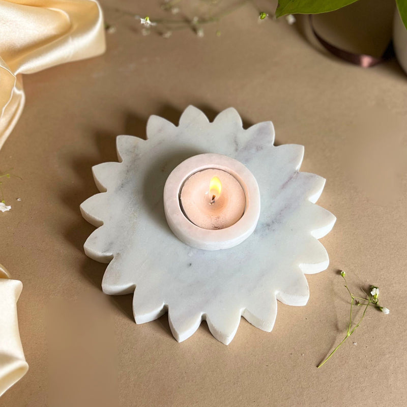 Buy Eudora SunflowerHandcrafted Marble Tealight Candle Holder - Set Of Two Candle Holders from Vaaree