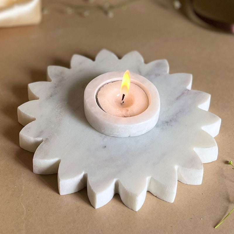 Buy Eudora SunflowerHandcrafted Marble Tealight Candle Holder - Set Of Two Candle Holders from Vaaree