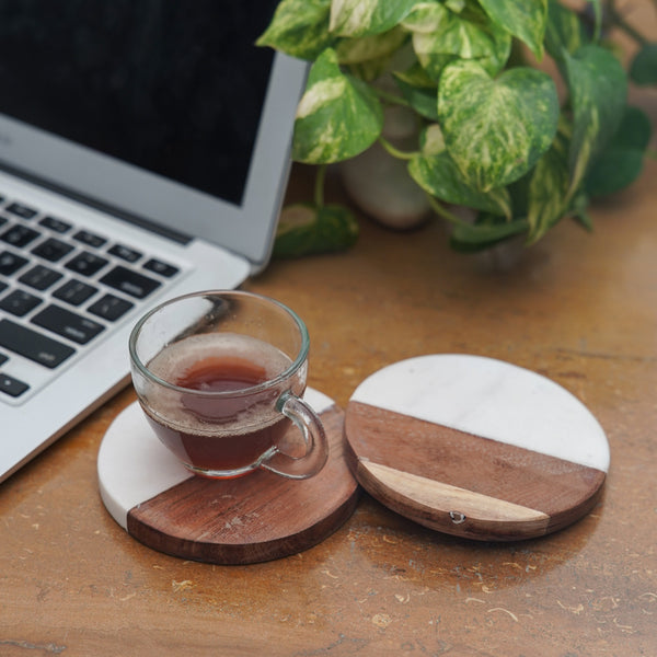 Coaster - Losa Handmade Round Marble And Wooden Coaster - Set Of Two