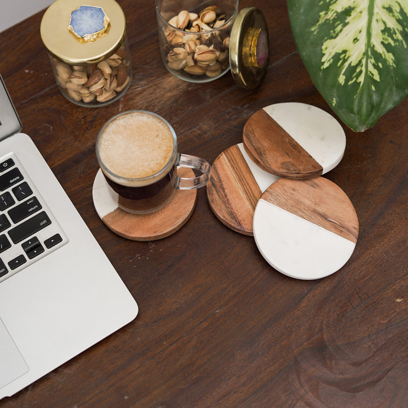 Coaster - Losa Handmade Round Marble And Wooden Coaster - Set Of Four