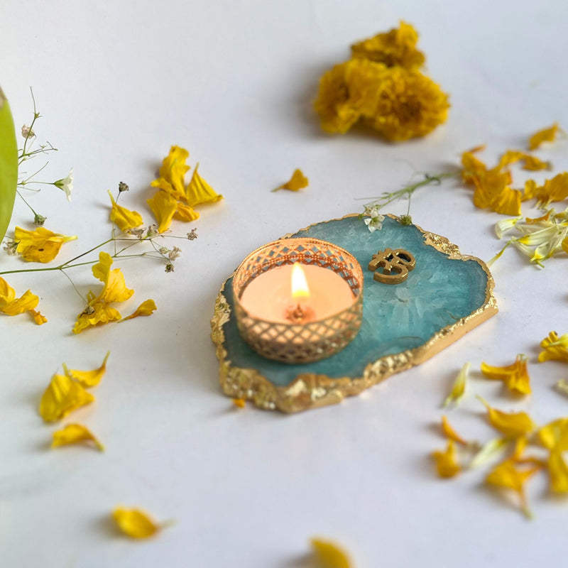 Buy Om Handcrafted Agate Tealight Candle Holder - Turquoise Candle Holders from Vaaree