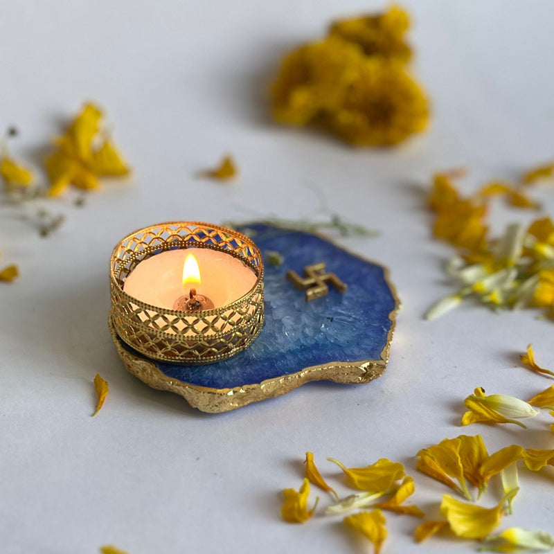 Buy Swastik Handcrafted Agate Tealight Candle Holder - Blue Candle Holders from Vaaree