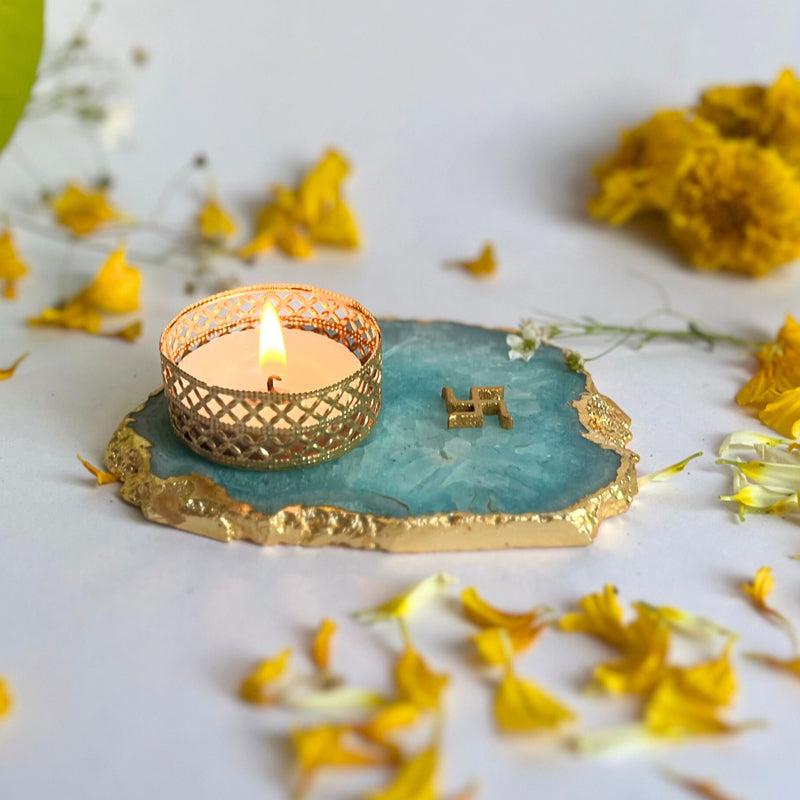 Buy Swastik Handcrafted Agate Tealight Candle Holder - Turquoise Candle Holders from Vaaree