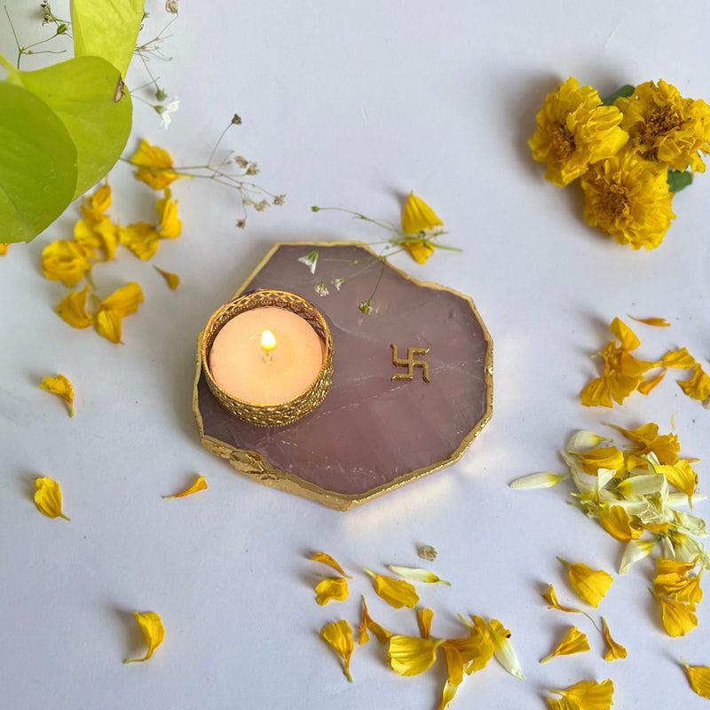 Buy Swastik Handcrafted Agate Tealight Candle Holder - Rose Quartz Candle Holders from Vaaree