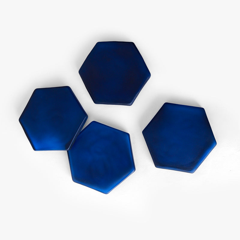 Coaster - Glossy Hexa Glass Coaster (Blue) - Set Of Four