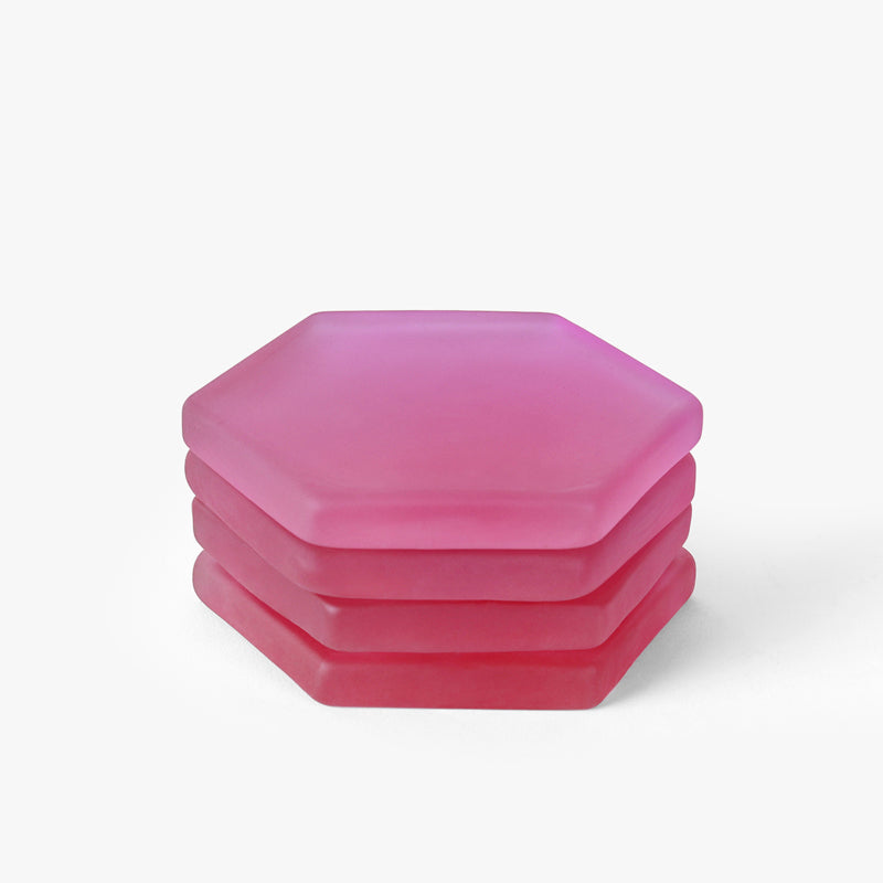 Coaster - Glossy Hexa Glass Coaster (Pink) - Set Of Four