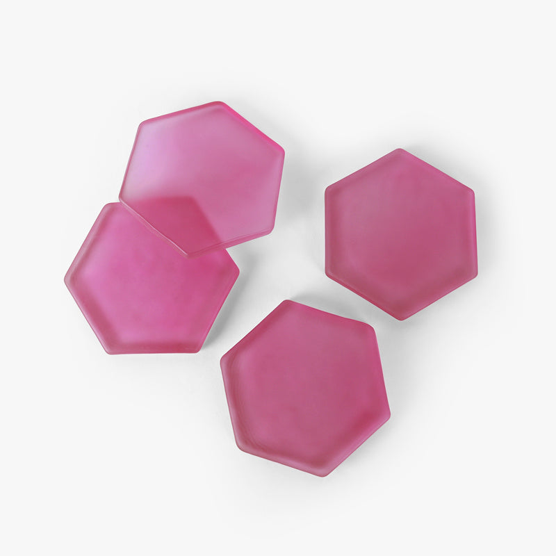 Coaster - Glossy Hexa Glass Coaster (Pink) - Set Of Four