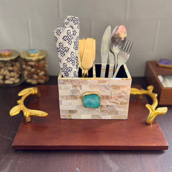 Cutlery Stand - Suzzaine Handcrafted Mother Of Pearl & Agate Cutlery Holder - Green & Beige