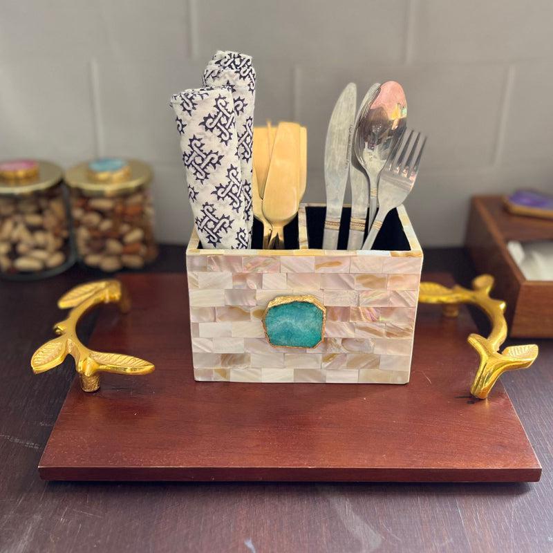 Buy Suzzaine Handcrafted Mother Of Pearl & Agate Cutlery Holder - Green & Beige Cutlery Stand from Vaaree