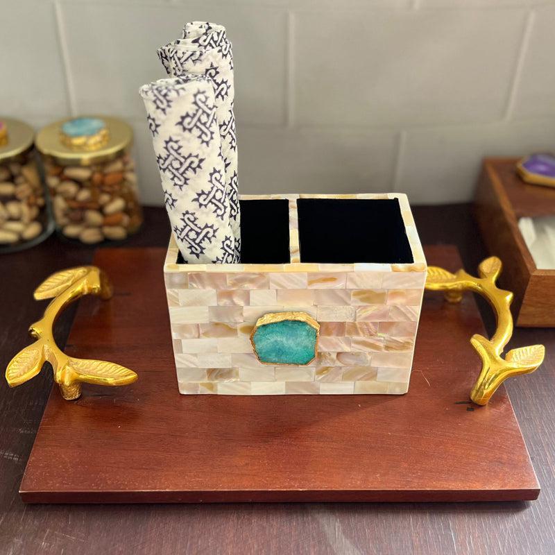 Buy Suzzaine Handcrafted Mother Of Pearl & Agate Cutlery Holder - Green & Beige Cutlery Stand from Vaaree