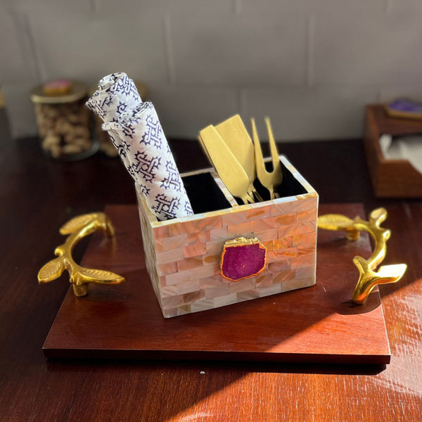 Cutlery Stand - Suzzaine Handcrafted Mother Of Pearl & Agate Cutlery Holder - Pink & Beige