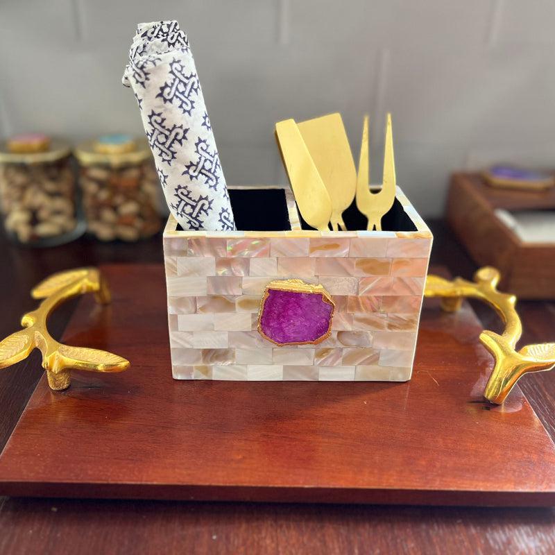 Buy Suzzaine Handcrafted Mother Of Pearl & Agate Cutlery Holder - Pink & Beige Cutlery Stand from Vaaree