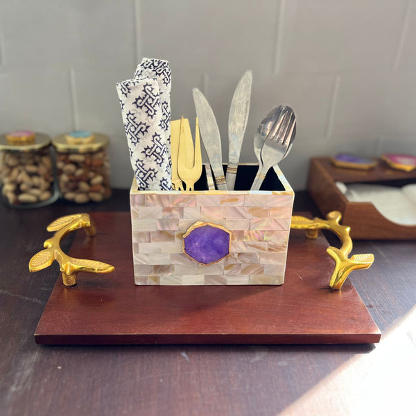 Cutlery Stand - Suzzaine Handcrafted Mother Of Pearl & Agate Cutlery Holder - Purple & Beige