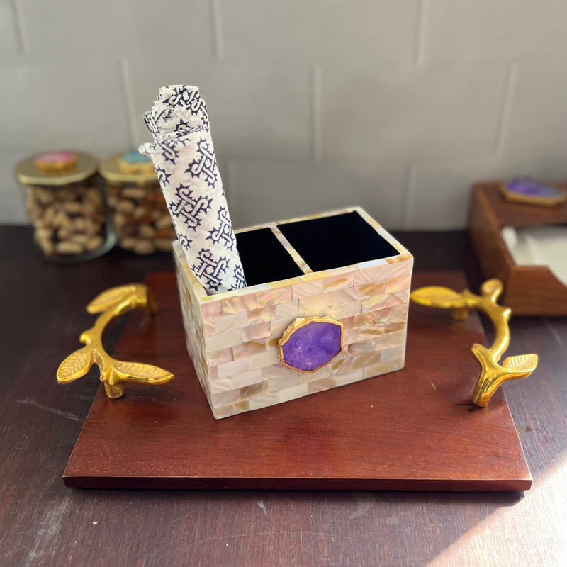 Cutlery Stand - Suzzaine Handcrafted Mother Of Pearl & Agate Cutlery Holder - Purple & Beige