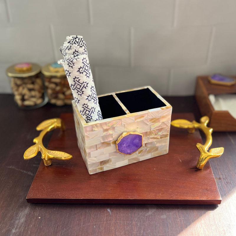 Buy Suzzaine Handcrafted Mother Of Pearl & Agate Cutlery Holder - Purple & Beige Cutlery Stand from Vaaree