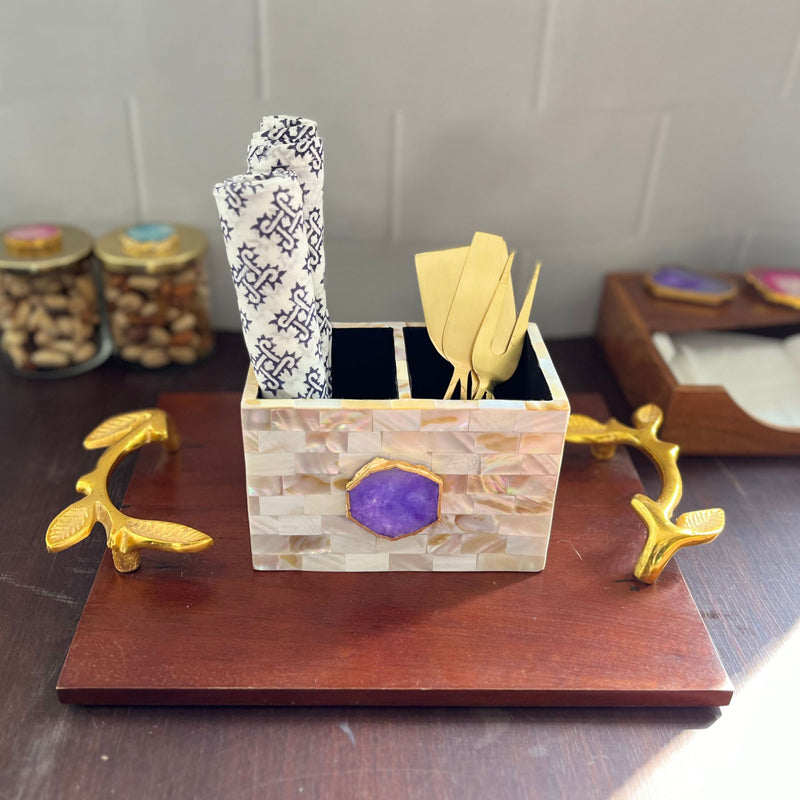 Cutlery Stand - Suzzaine Handcrafted Mother Of Pearl & Agate Cutlery Holder - Purple & Beige