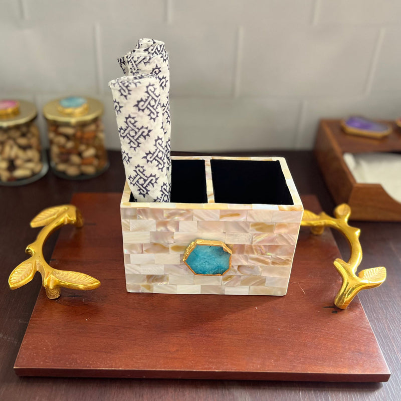 Cutlery Stand - Suzzaine Handcrafted Mother Of Pearl & Agate Cutlery Holder - Turquoise & Beige