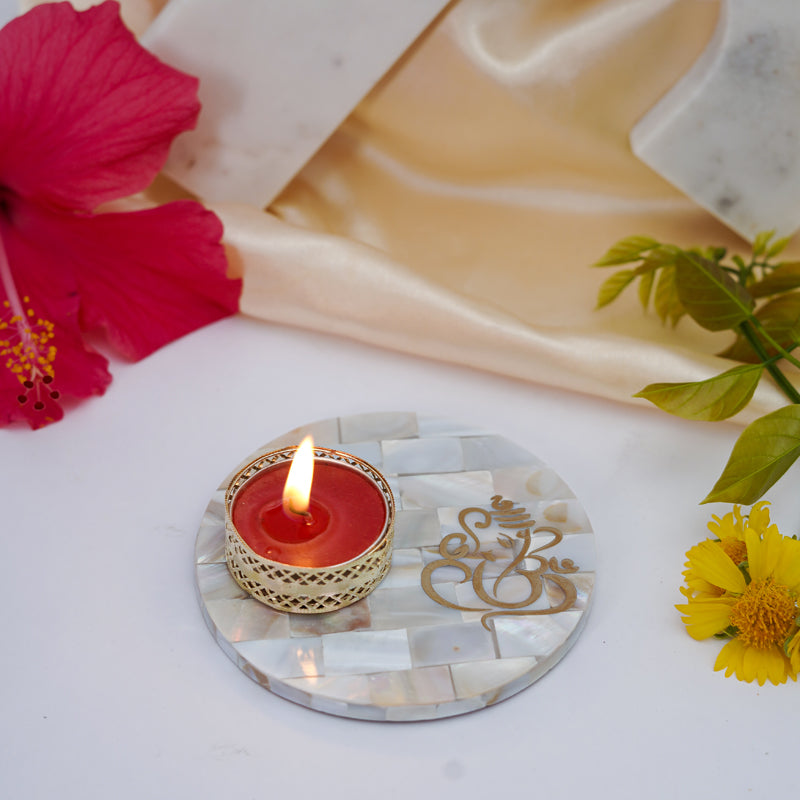 Buy Ganesha Mother Of Pearl Tealight Candle Holder With Marble Base Candle Holders from Vaaree