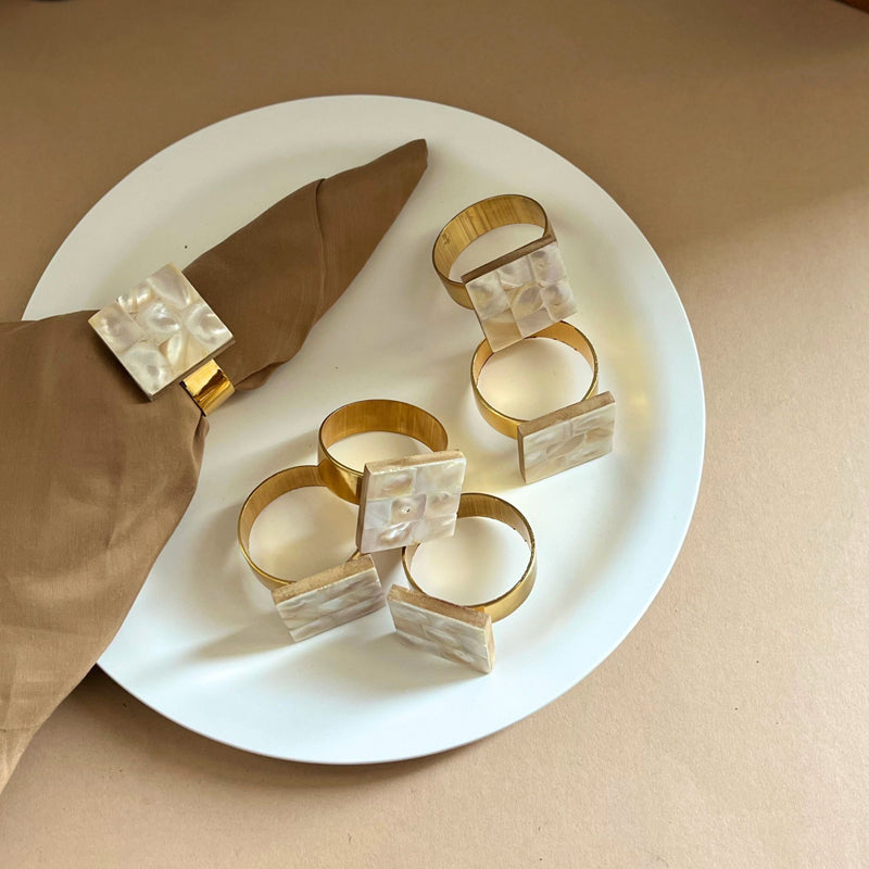 Napkin Ring - Asher Square Handcrafted Mother Of Pearl Napkin Ring - Set Of Six